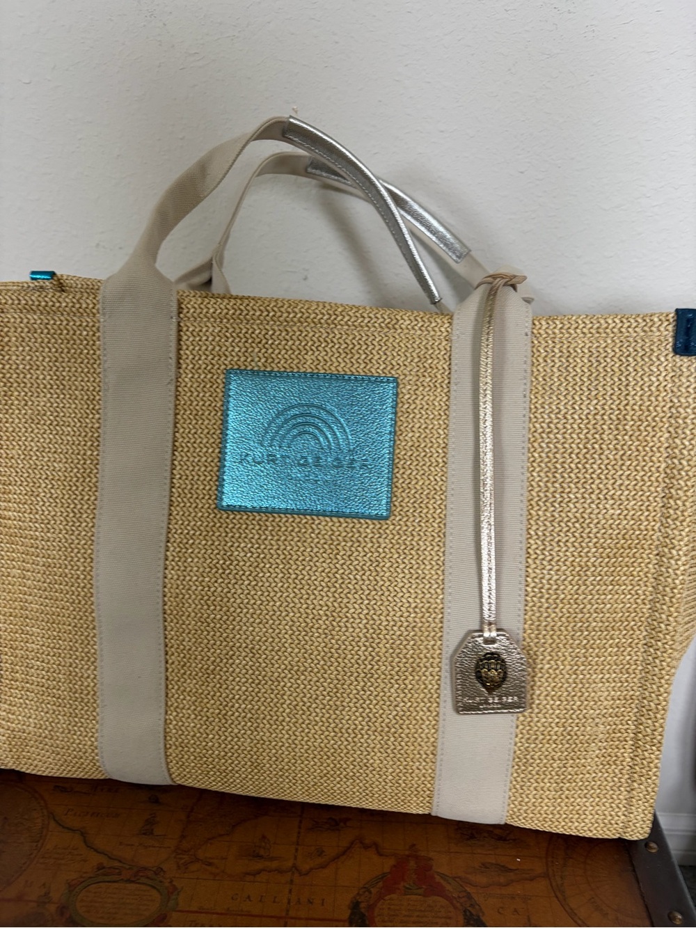 Kurt Geiger Natural Straw Tote with Turquoise Patch and Silver Accents